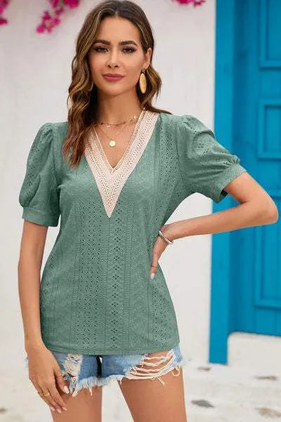 Eyelet V-Neck Short Sleeve T-Shirt Women's T-Shirts - Tophatter Daily Deals